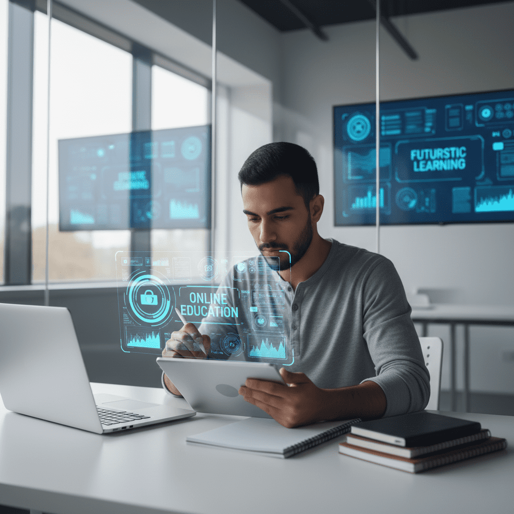  Student using a tablet in a futuristic digital learning environment 