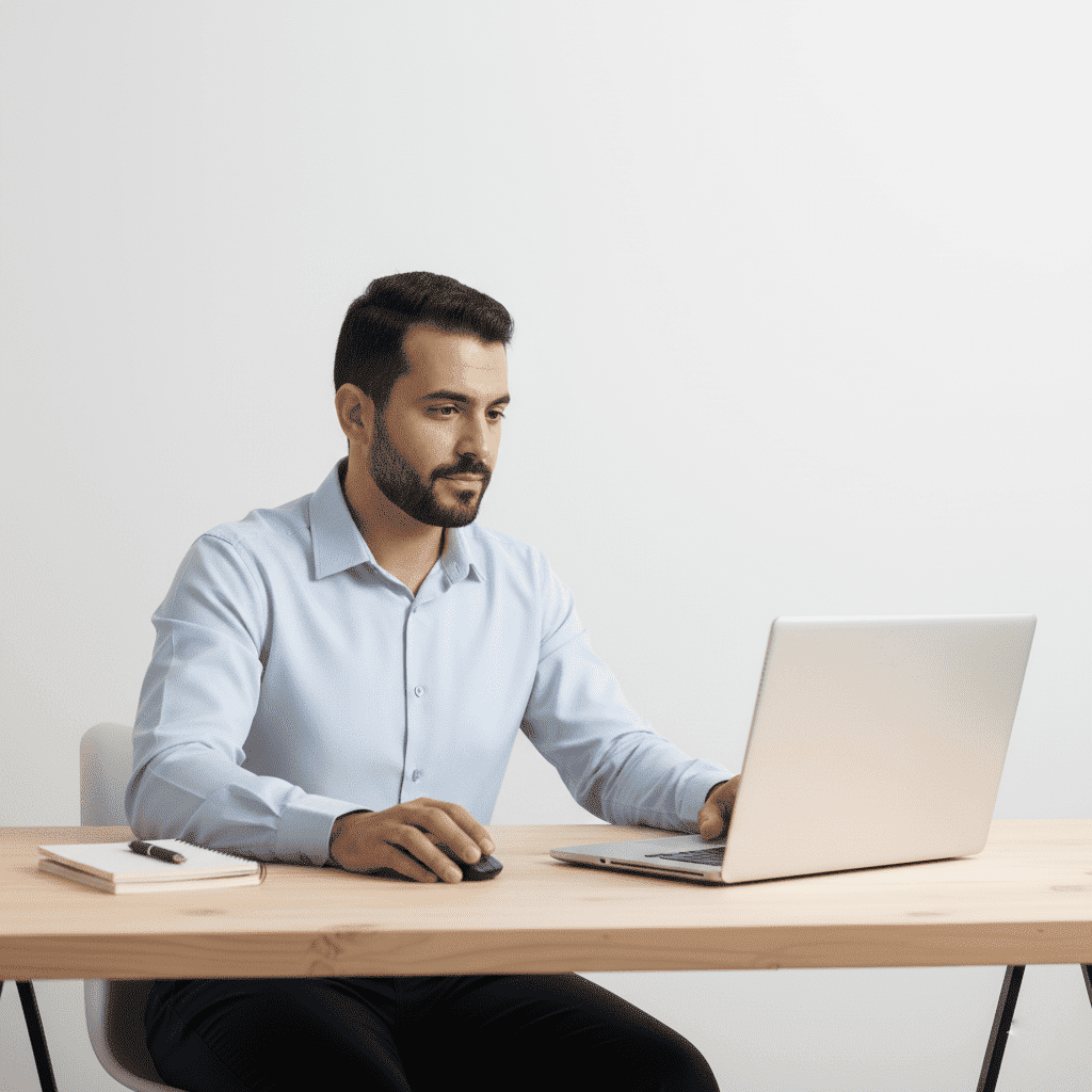  Arab HR professional studying smart leadership concepts at a simple desk using a laptop. 