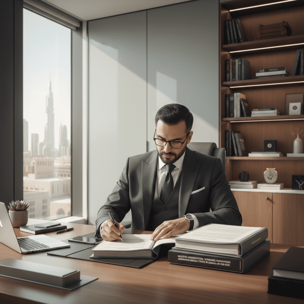  Business professional studying doctoral materials in a modern office setting 