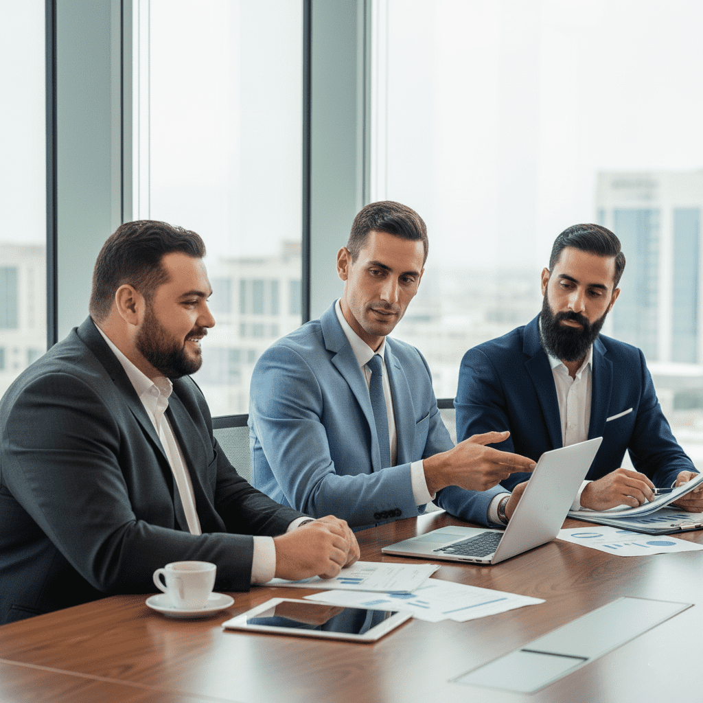  Saudi business professionals discussing MBA strategy in a modern office 