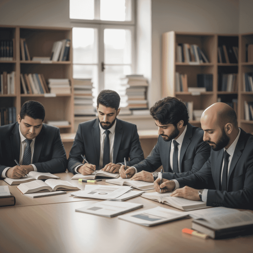  Saudi postgraduate students in formal suits focusing on books and academic papers 