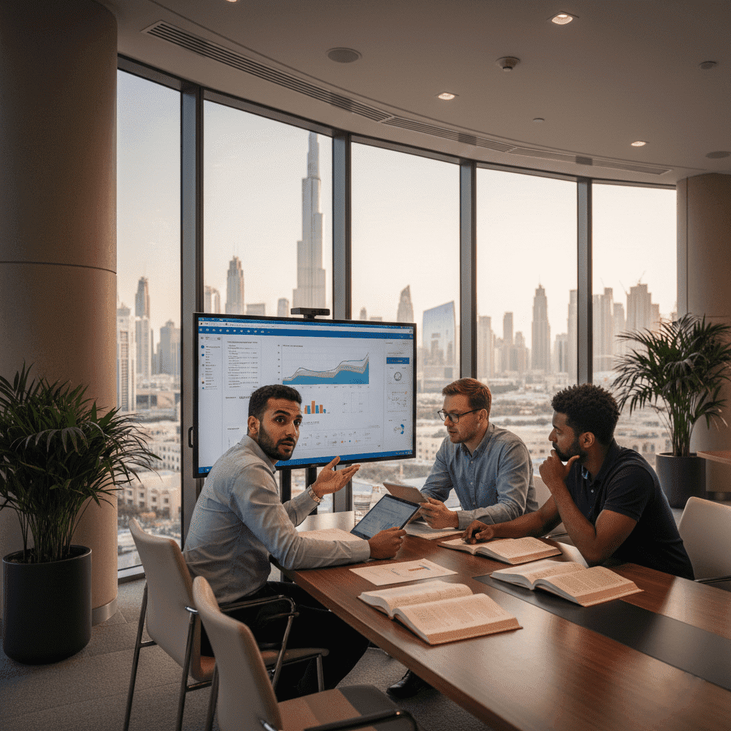  PhD students conducting academic research in a modern Dubai university 