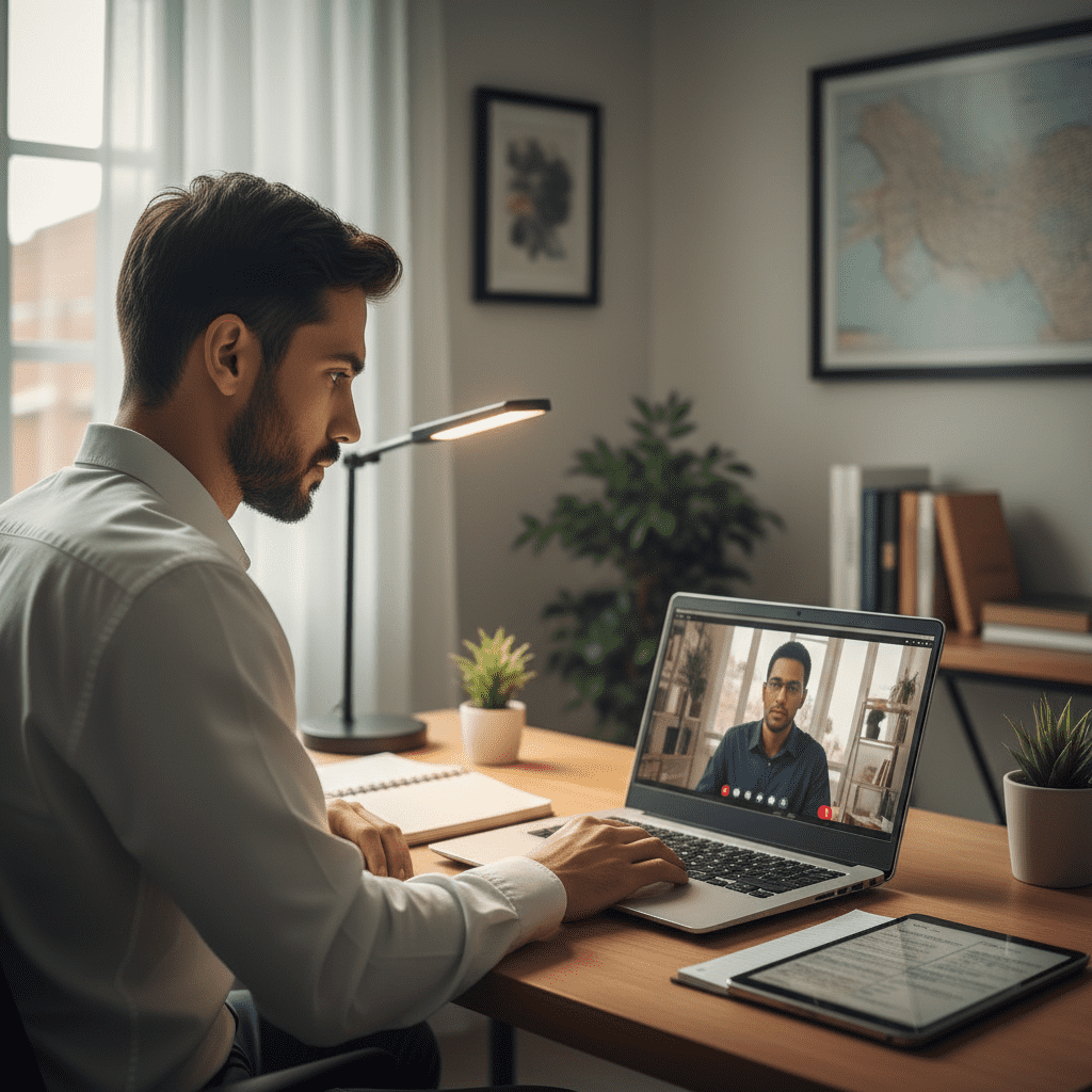  A student studying an online master’s degree in Kuwait using a laptop in a modern study environment 