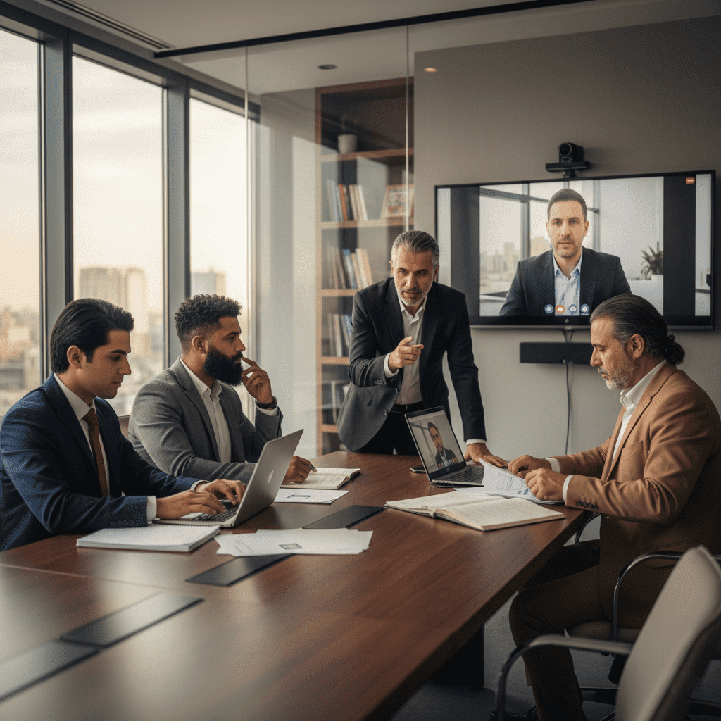  Iraqi professionals discussing international Master's programs at Gate Academy in a modern office. 