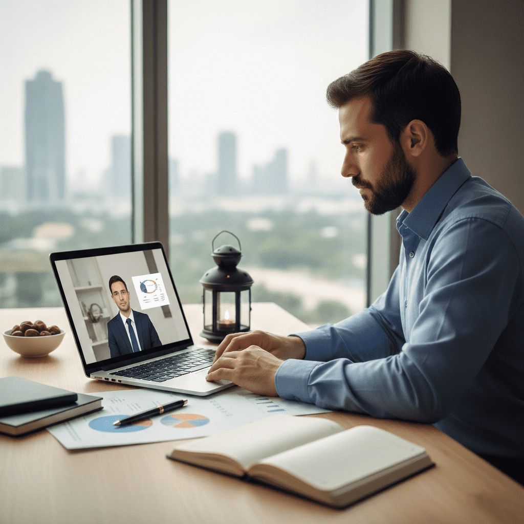  Professional Arab man studying online with Gate Academy from his office desk during Ramadan 