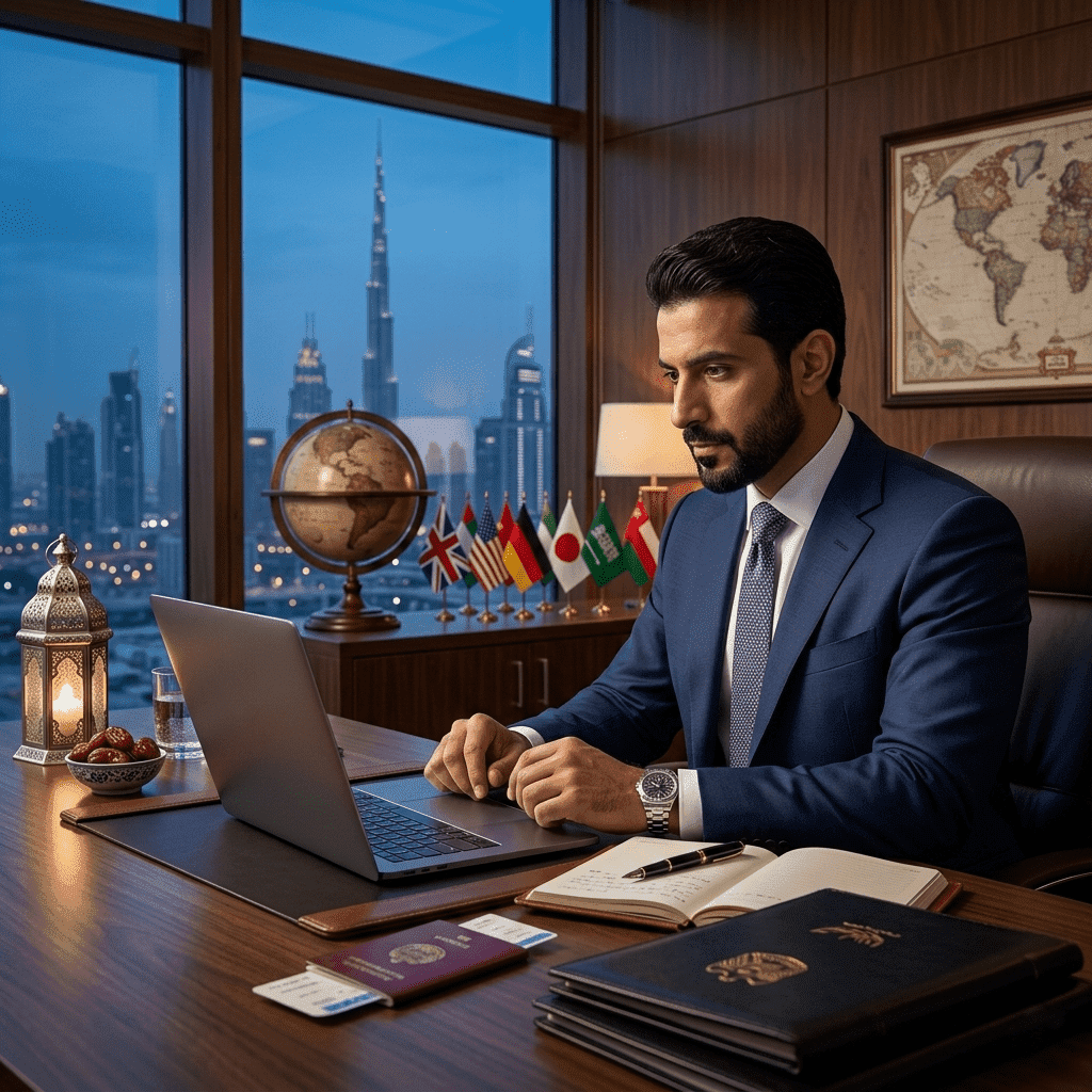  Professional studying for an International Diplomacy Master online with Gate Academy in a luxury office 