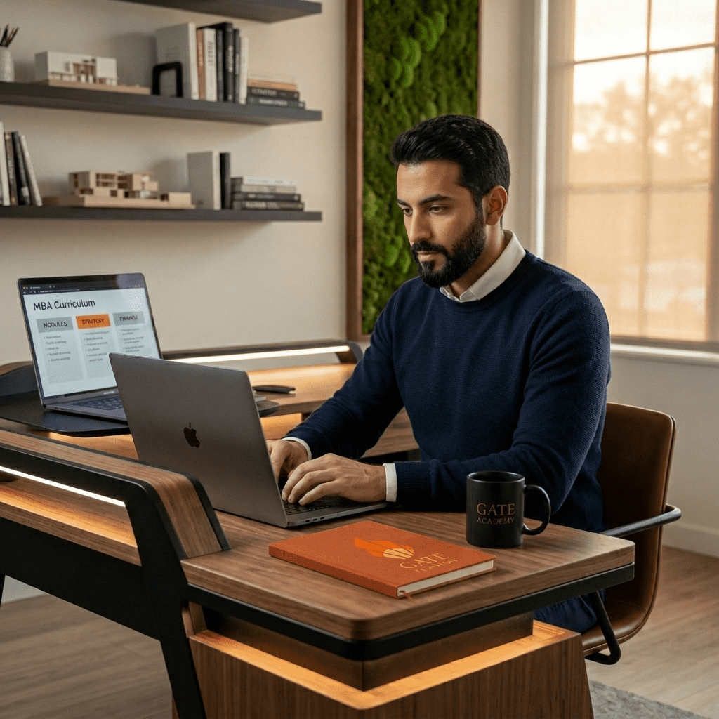  Professional planning MBA studies online using laptop 