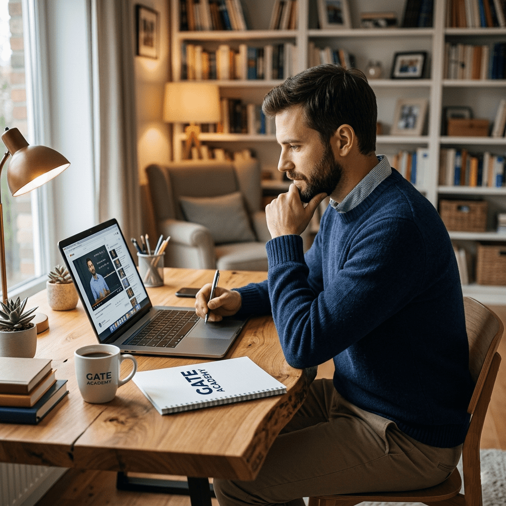  Businessman studying online on laptop with Gate Academy logo visible 